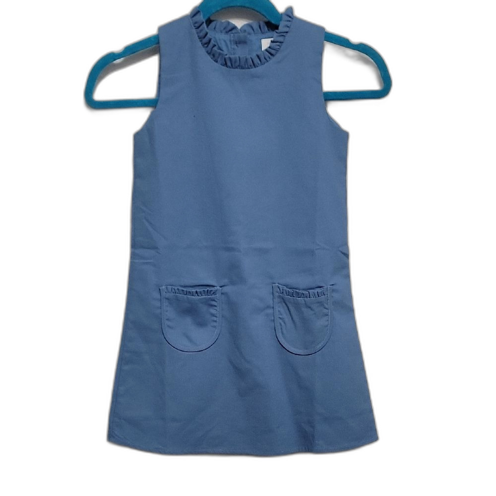 Blue Linen Blend Ruffle Neck Pocket Casual Girls Dress By Southern Smocked Co